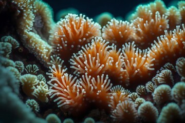 Naklejka na ściany i meble A detailed image of coral polyps, showing how they create underwater cities.. Creative resource, AI Generated
