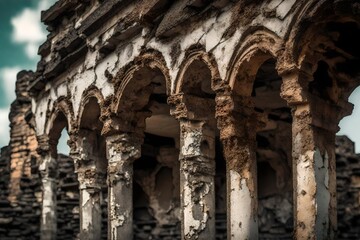 Naklejka premium This is a picture of a very old building falling apart. It shows how important it is to protect and keep safe important cultural places and history.. Creative resource, AI Generated