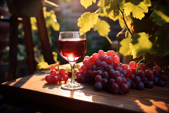Glass of red wine on a table with red grapes in front of vineyards with reflection of sunlight 