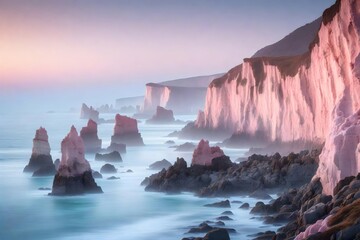 In the morning, the cliffs near the coast look like they are a light blue and a light pink color.. Creative resource, AI Generated