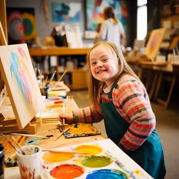 Cute girl with Down Syndrome in a workshop painting. Concept of fulfilling and happy lives despite of disabilities. Shallow field of view