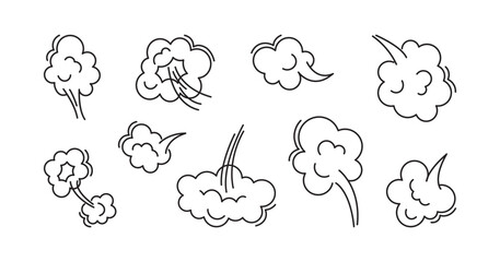 Fart cloud line icon, smoke poof doodle, breath, comic air, steam puff, dust or flatulence, cartoon smell pop, cute gas set outline design. Aroma vector illustration