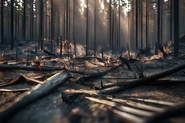 Foto op Canvas A forest is completely burned down after a big fire. The picture shows what the place looks like after a big natural event that caused a lot of destruction.  © DEER FLUFFY