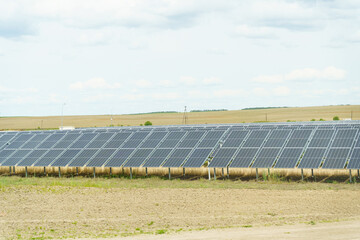 Solar panels on the field in summer, side view