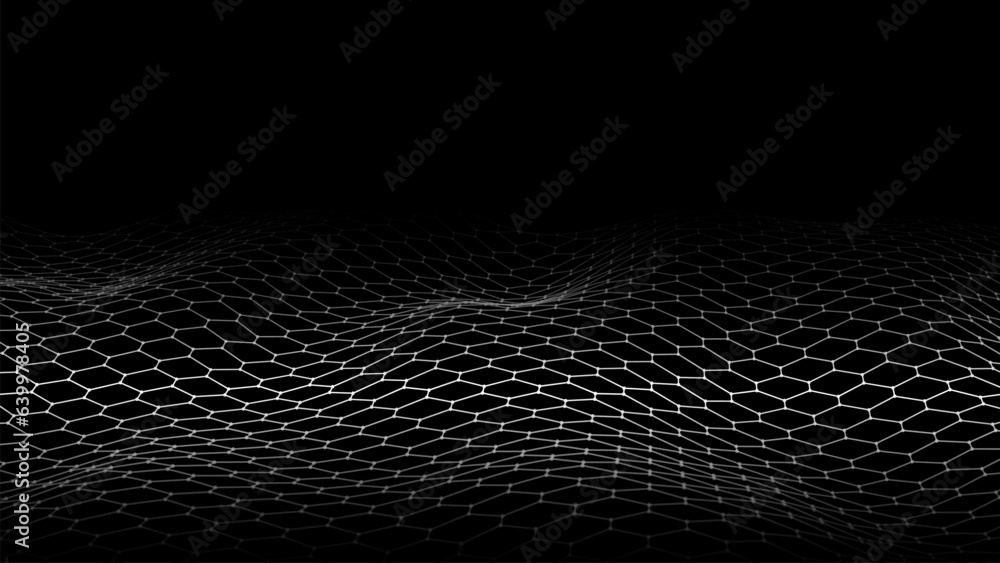 Poster digital hexagon dynamic wave of particles. vector abstract black futuristic background. big data vis