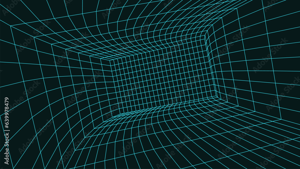 Aufkleber green wireframe room. empty perspective box. futuristic digital grid cube. cyberspace with mesh in v