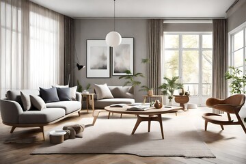 A round wooden coffee table with a art work mockup frame is placed next to a sofa and an armchair against a window and a wall. Scandinavian living room interior design