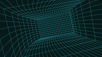 Green wireframe room. Empty perspective box. Futuristic digital grid cube. Cyberspace with mesh in virtual reality. Vector illustration.