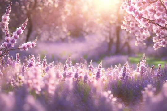 In the spring, there is a beautiful scene with lots of light pink and purplish-blue colors.. Creative resource, AI Generated