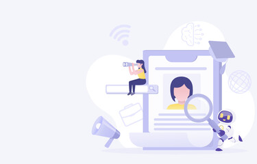 Artificial intelligence (AI) technology and employee hiring concept. Looking for new employee, experience, skill, opportunity. Job recruitment process. Flat vector design illustration with copy space.
