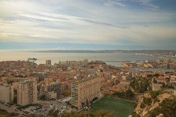 Sunset aerial view of the city of Marseille, France.