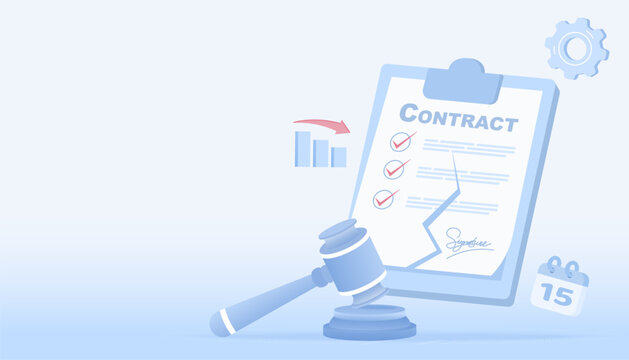 Contract cancellation and stock slump concept. Termination or dismissal contract tear, contract failure, stock market crash and reject confirmation. Flat vector design illustration with copy space.