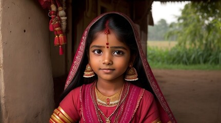 a young girl dressed in a red and gold outfit