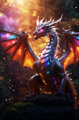 An iridescent-winged dragon mythological being Illustration of a dark fantasy wallpaper. Generative AI