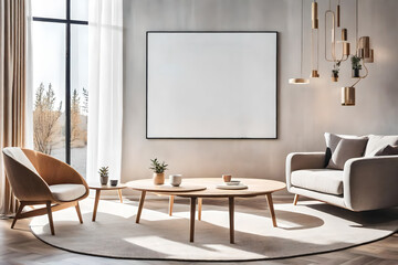 A round wooden coffee table with a art work mockup frame is placed next to a sofa and an armchair against a window and a wall. Scandinavian living room interior design