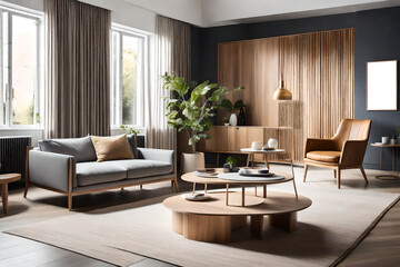 A round wooden coffee table with a art work mockup frame is placed next to a sofa and an armchair against a window and a wall. Scandinavian living room interior design