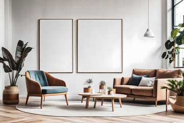 A round wooden coffee table with a art work mockup frame is placed next to a sofa and an armchair against a window and a wall. Scandinavian living room interior design