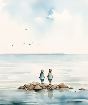 two children on the seashore look into the distance. view from the back. watercolor illustration