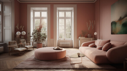 Fototapeta na wymiar The most recent home fashion trends can be seen in a highly contemporary and refined interior design of a warm and inviting studio, featuring gentle, muted pastel hues.