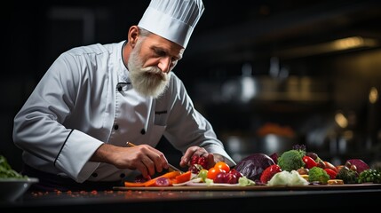 A professional chef in the spacious kitchen washes and prepares vegetables. Banner, place for text. Concept: chef cooks or training courses