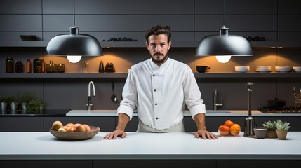 A professional chef in the spacious kitchen washes and prepares vegetables. Banner, place for text. Concept: chef cooks or training courses