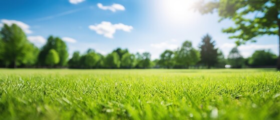 Blurred background of spring nature with a nicely trimmed lawn against a blue sky and clouds on a bright sunny day. Generative AI - Powered by Adobe