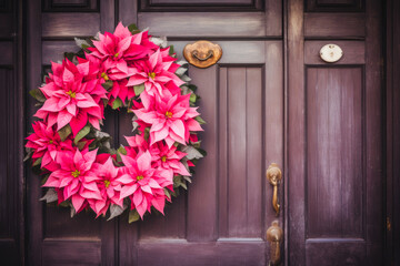 A pink Poinsettia Christmas wreath on a wooden door. Generative AI.