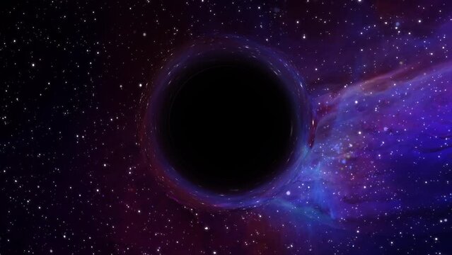 Supermassive black hole flies in the foreground against the background of a galaxy, a starry sky

