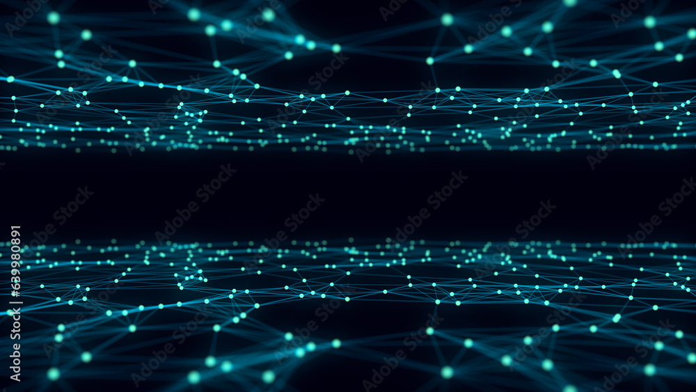 Poster Technology blue wave with lines. Big data visualization. Analytics representation. Digital background. 3d rendering.