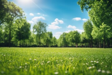 Blurred background of spring nature with a nicely trimmed lawn against a blue sky and clouds on a bright sunny day. Generative AI