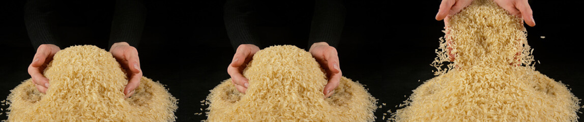 Hand of Woman and rice against Black Background