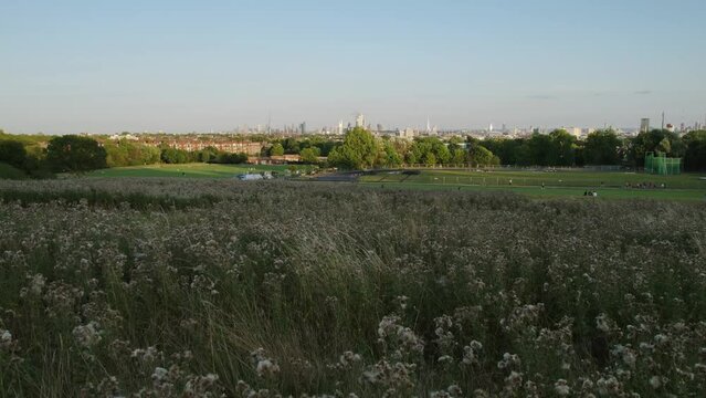 London skyline drone aerial from Parliament Hill. Pedestal Rising shot.