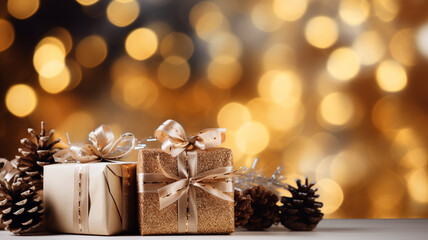 gift boxes and christmas decoration on blurred background