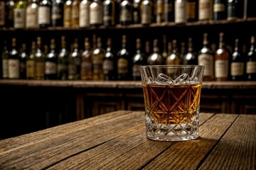 glass of whisky with ice cubes on vintage wooden table with alcohols on the shelf in background
