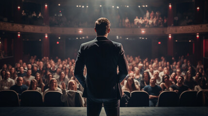 young man in a white shirt and a black suit is standing in front of his back in the theater.