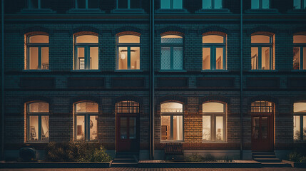 Townhouses facade with illuminated windows in dusk. Modern residential houses in luxury neighborhood.