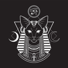 Bastet or Bast ancient Egyptian goddess sphynx cat in gothic style hand drawn vector illustration
