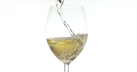 White Wine being poured into Glass, against White Background