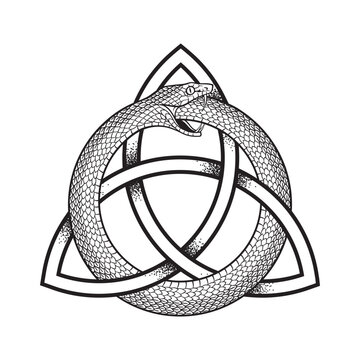 Ouroboros or uroboros serpent snake consuming its own tail and ouroboros. Tattoo, poster or print design vector illustration