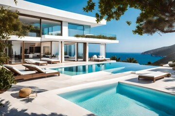 Fototapeta premium White house typical of the Mediterranean style with a pool on a hill with an amazing sea view. Background of the summer holiday