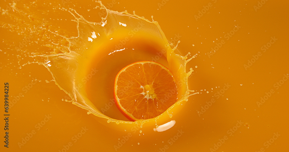 Wall mural orange, citrus sinensis, fruit falling into orange juice