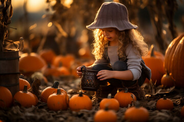 Pumpkin Pals, European Child Embracing Autumn Fun on Pumpkin Farm