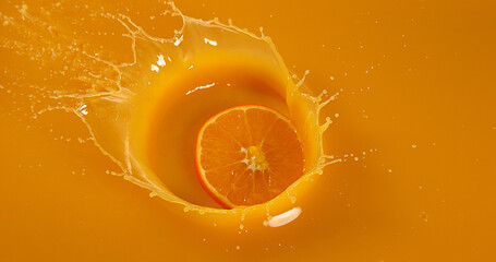 Orange, citrus sinensis, Fruit falling into Orange Juice