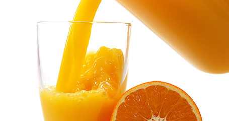 Orange Juice being poured into Glass against White Background