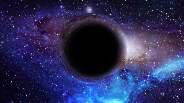 Supermassive black hole flies in the foreground against the background of a galaxy, a starry sky
