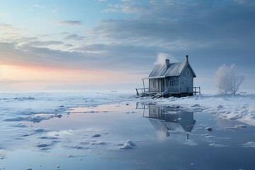 Solitude: A solitary white cabin in a snowy, untouched landscape. 