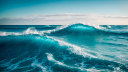Fototapeta na wymiar Massive Ocean Wave Curling Against Blue Sky