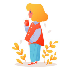 Vector illustration with little girl drinking juice from a pack through a tube. Lunch time, snack time. Small satisfied child. Modern colorful illustration in flat cartoon style.