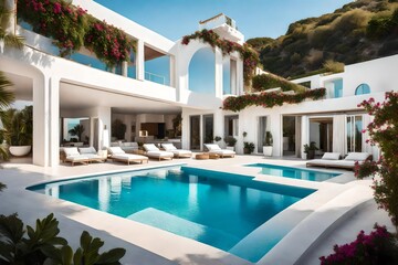 Fototapeta premium White house typical of the Mediterranean style with a pool on a hill with an amazing sea view. Background of the summer holiday