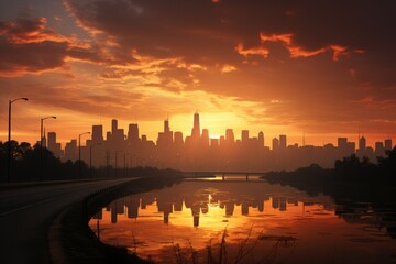 Naklejka premium Golden Hour Cityscape: City skyline bathed in the orange light of the setting sun. 